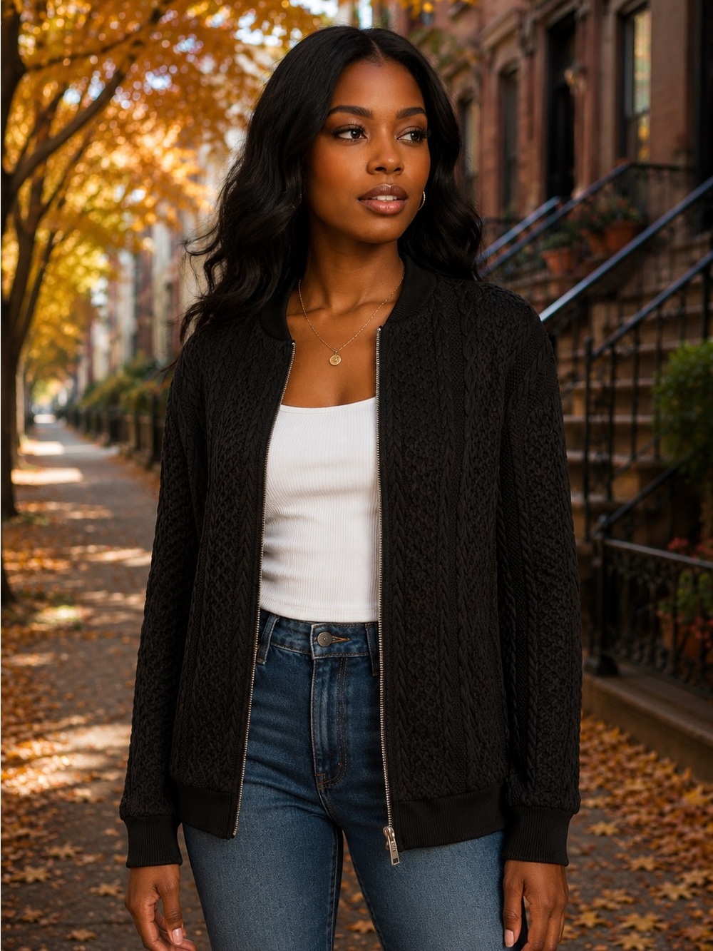 Black Textured Cable Knit Zip-Up Bomber Jacket